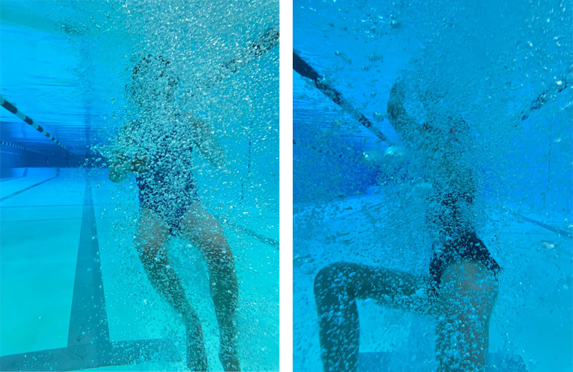 Eine Unterwasserkamera zeigt zwei Kinder mit vielen Blasen unter Wasser beim tauchen.