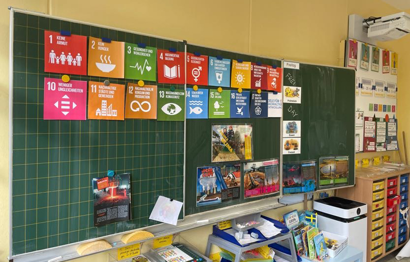 In einem Klassenraum hängt eine dunkelgrüne Schultafel. An der Tafel sind bunte Schilder mit verschiedenen Themen befestigt.